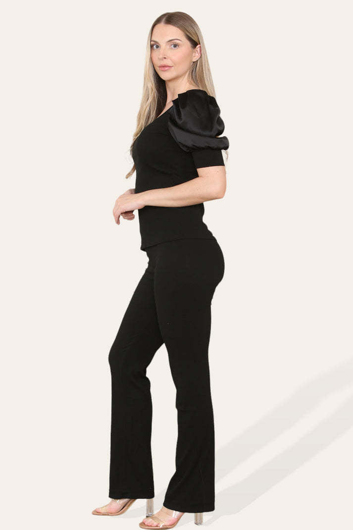 Silky Satin Puff Sleeves Ribbed Lounge Set