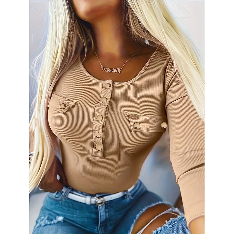 Womens Long Sleeves Ribbed Knit Tunic Shirts Scoop Neck Button-Up Tops Slim Fit Blouses