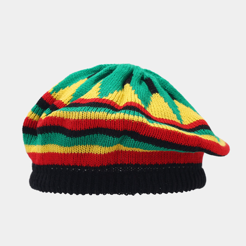 Jamaica Wig Woven Hat Women's Retro Yellow And Green Stitching Beret
