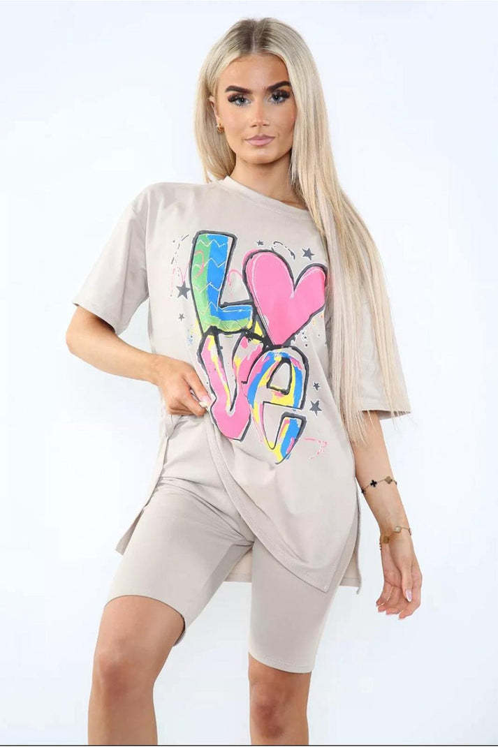 Cycling Short And T-Shirts Co-Ord Two Piece Side Slit Set With Front Printed Slogan