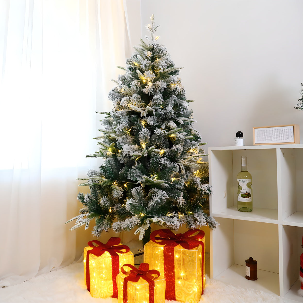 1 Piece Of 180cm - Tall White Flocked Christmas Tree, Thickened And Densified, With Lights