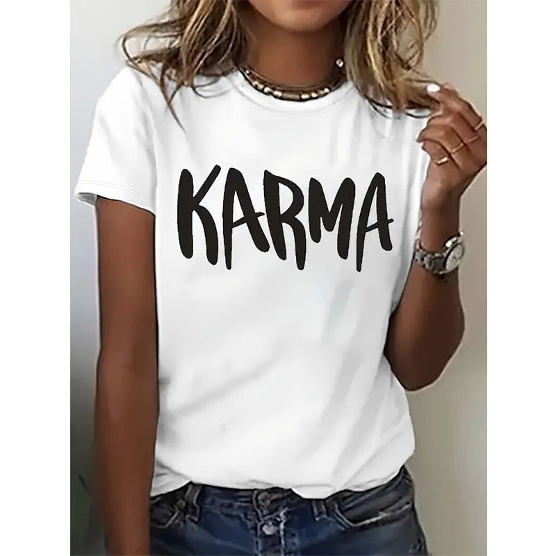 Women's Short Sleeve Round Neck T-Shirt Summer Casual Top With 'KARMA' Print