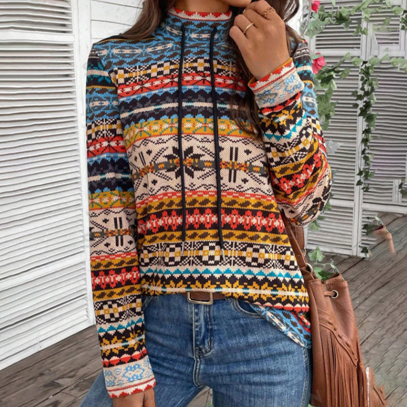 Women's High Neck Geometric Print Long Sleeve Top With Tie Detail - Stylish Casual Blouse For Spring&Fall