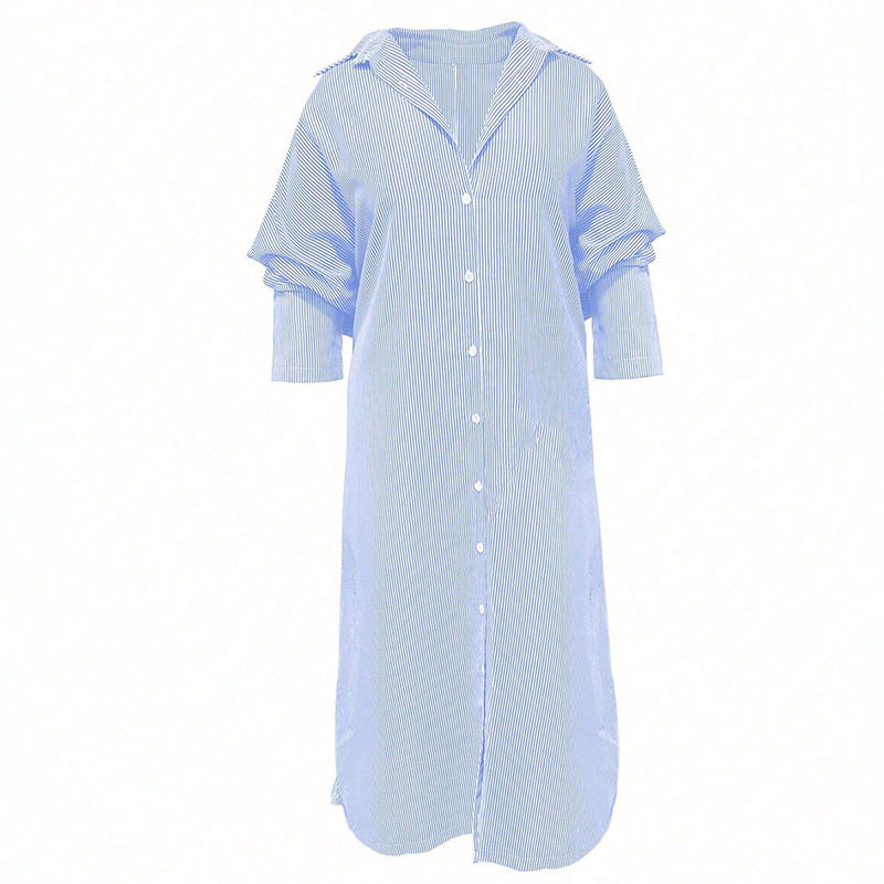 Womens Striped Long Sleeve Dress Casual Loose Button Down Maxi Shirt Dress