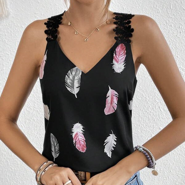 Women's Printed Feather Pattern Design V-neck Fashionable Slimming Camisole Vest