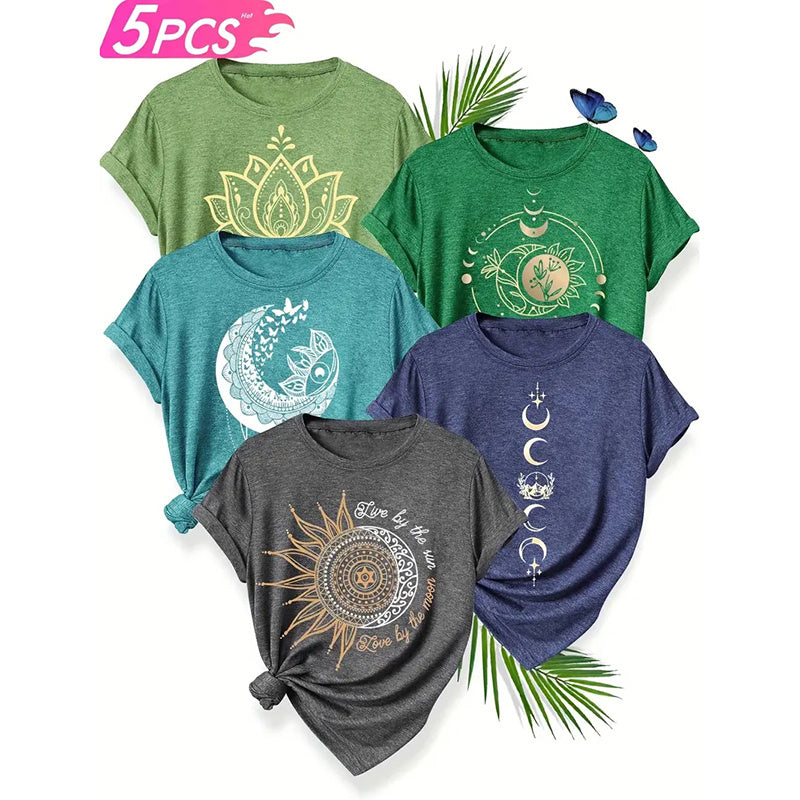 5 PCS Floral Graphic Shirt For Women Cute Flower Short Sleeve Ladies Tee Tops Teen Girls Casual T Shirt