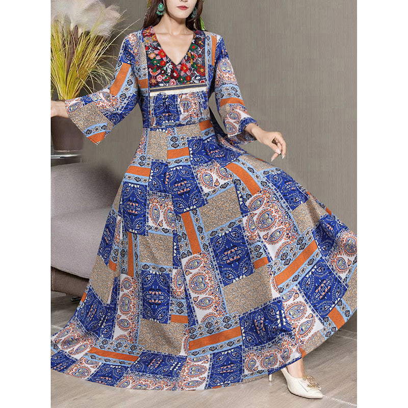 Women's Boho Maxi Dress 3 4 Sleeve V Neck Floral Embroidered Elegant A-Line Dress
