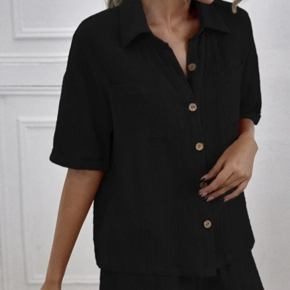 Women's Solid Color Short Sleeved Shirt With Collar, High Street Trendy Loose Fit, Couple Casual Versatile Pants Set