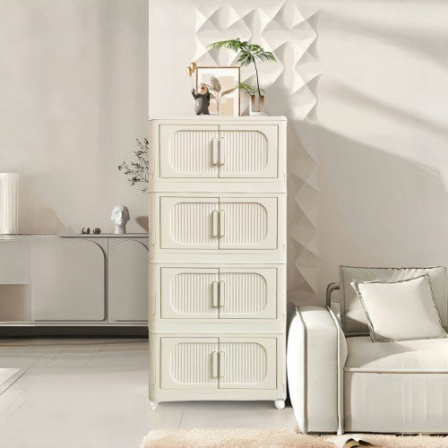 Cream White,19.69 Side Wide Folding Storage Cabinet ,4 Tiers,19.69x11.81x40.55,Collapsible Storage Bins With Magnetic Door, Plastic Storage Cabinet With Wheels