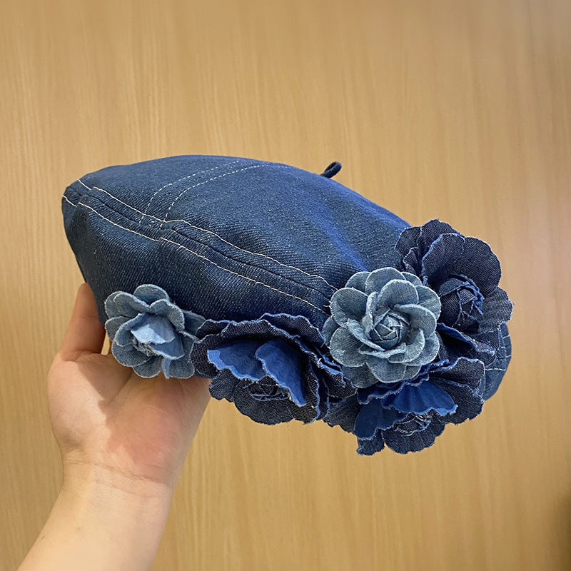 Japanese Minority Contrast Color Three-dimensional Flowers Denim Beret