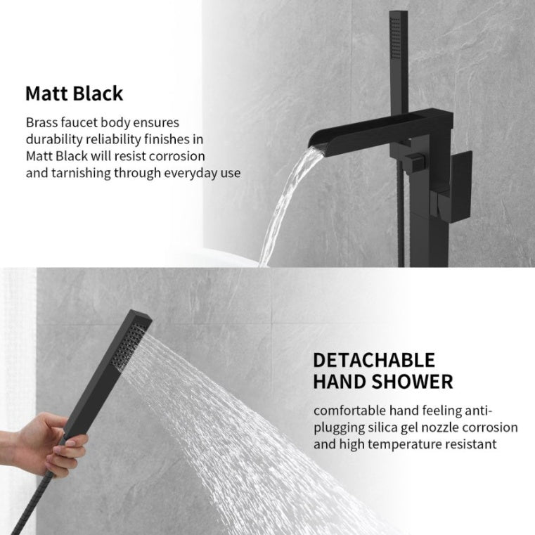 Thermostatic Freestanding Bathtub Faucet Waterfall Tub Filler Black Floor Mount Brass Bathroom Faucets With Hand Shower