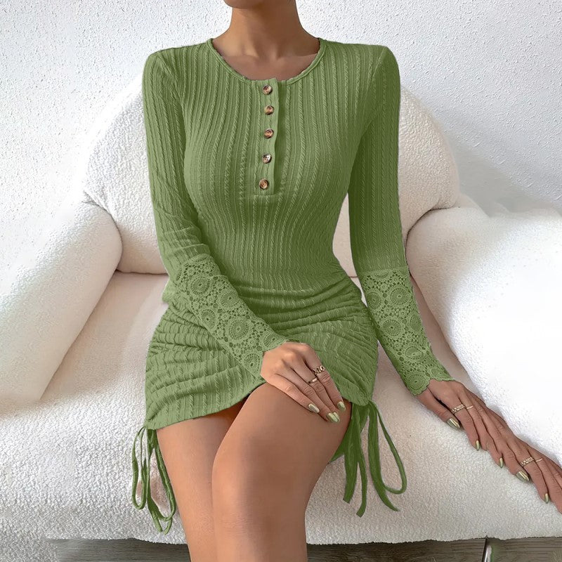 Women's Elegant Bodycon Dress - Round Neck With Button Detail, Solid Color Long Sleeve Lace Cuff & Drawstring Hem Holiday Dress
