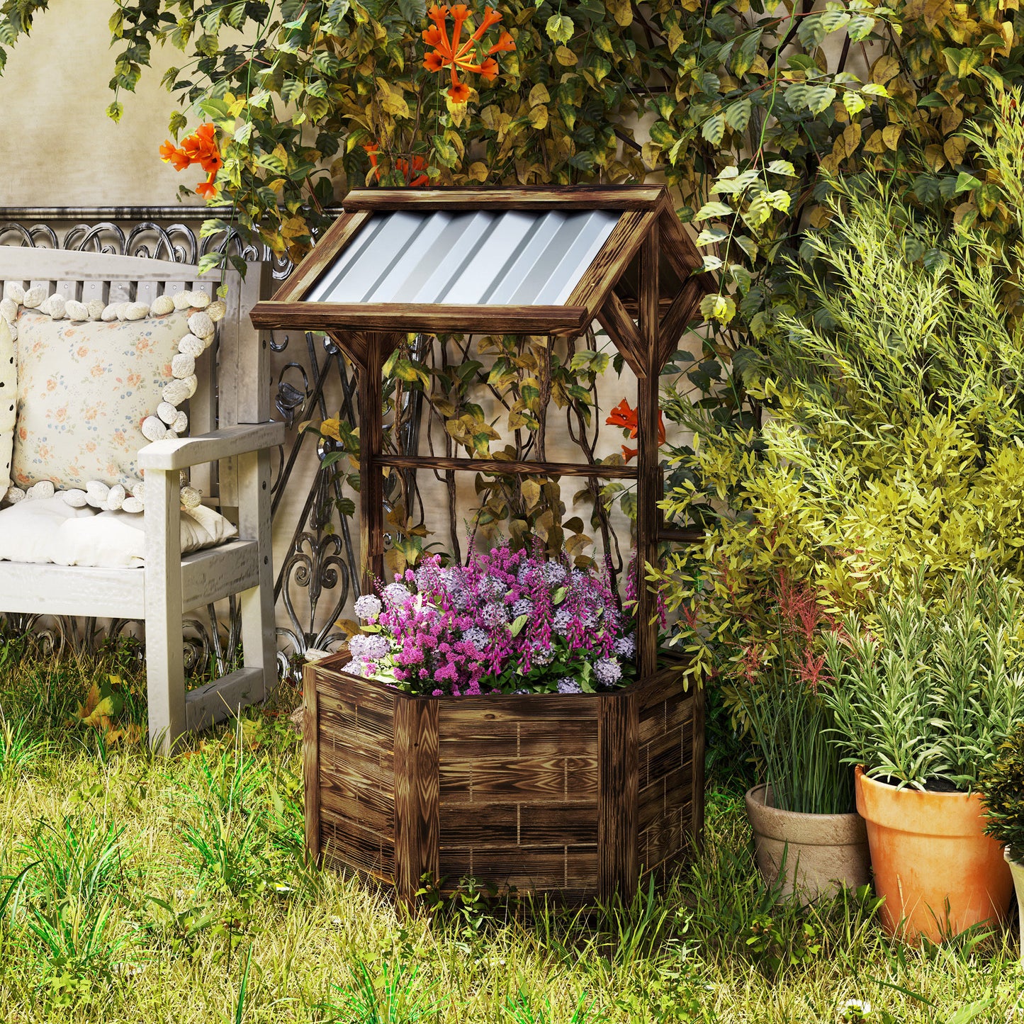 Wooden Wishing Well Planter, Raised Garden Bed With Galvanized Canopy-Tan