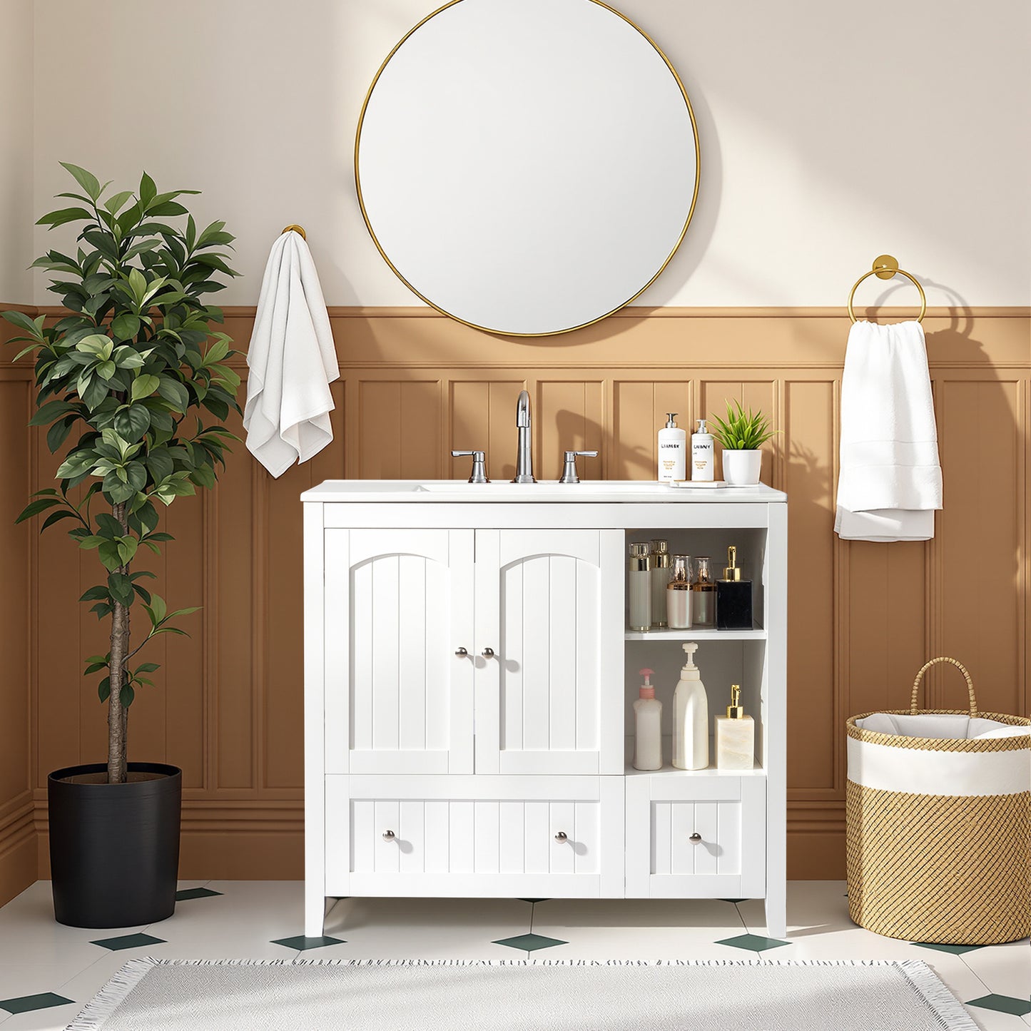 White MDF Painted Double Door Double Drawer With Masking Strip Basin Cabinet 91x46x82cm