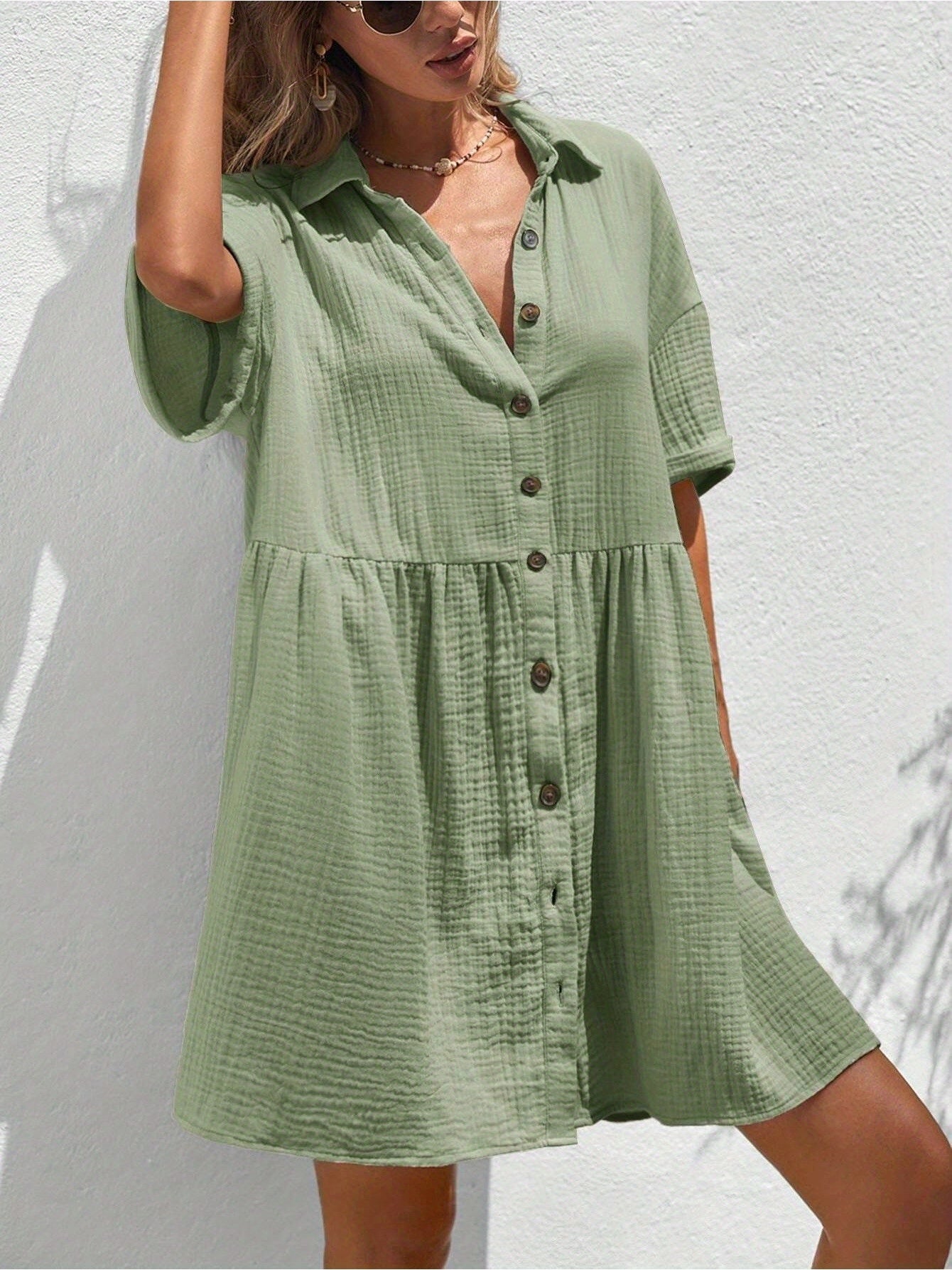 Women's Holiday Loose Solid Color Casual Summer Shirt Dress With Ruffles
