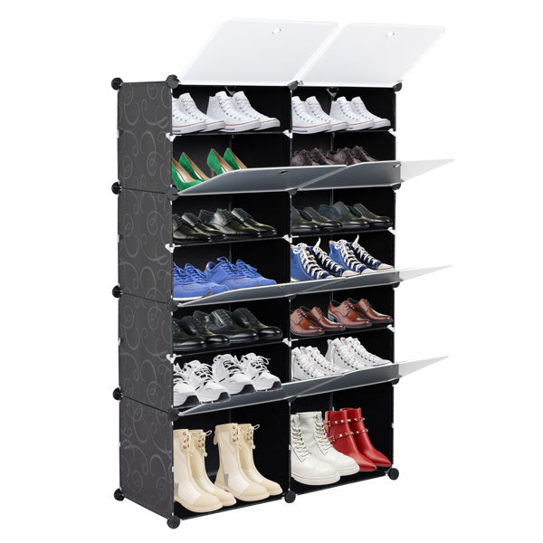 2 Rows, 7 Layers, 14 Compartments, Semi Transparent Doors, Black Patterned Cabinet Body