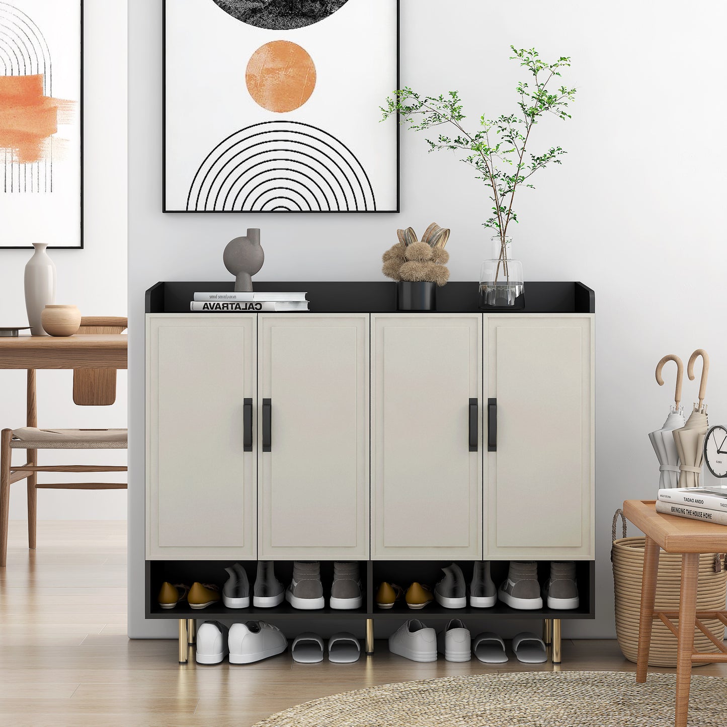 Sideboard,Shoe Cabinet With 4 Doors Large Modern Shoe Storage Organizer Cabinet With Adjustable Shelves For Entryway Slim Black Shoe Rack Cabinet For Closet