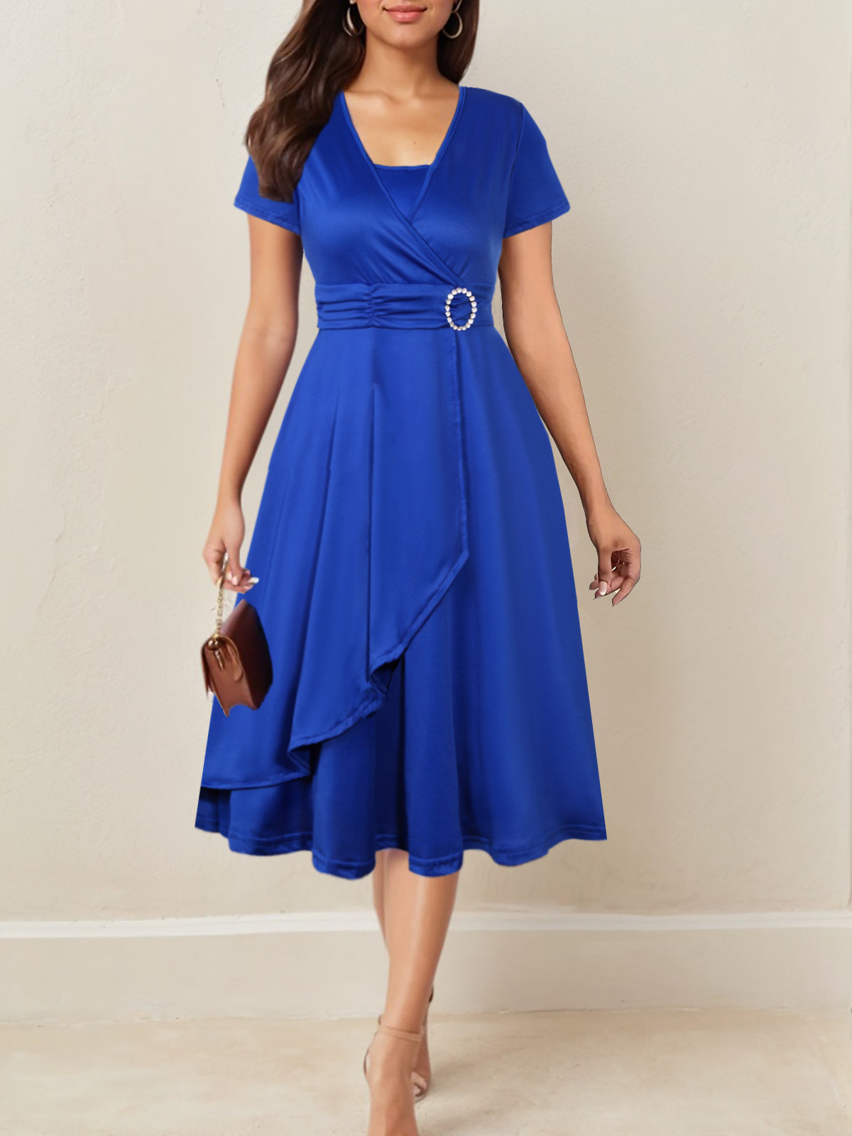 Asymmetrical Hem Short Sleeve V-neck Cross Elegant Solid Color Rhinestone Dress