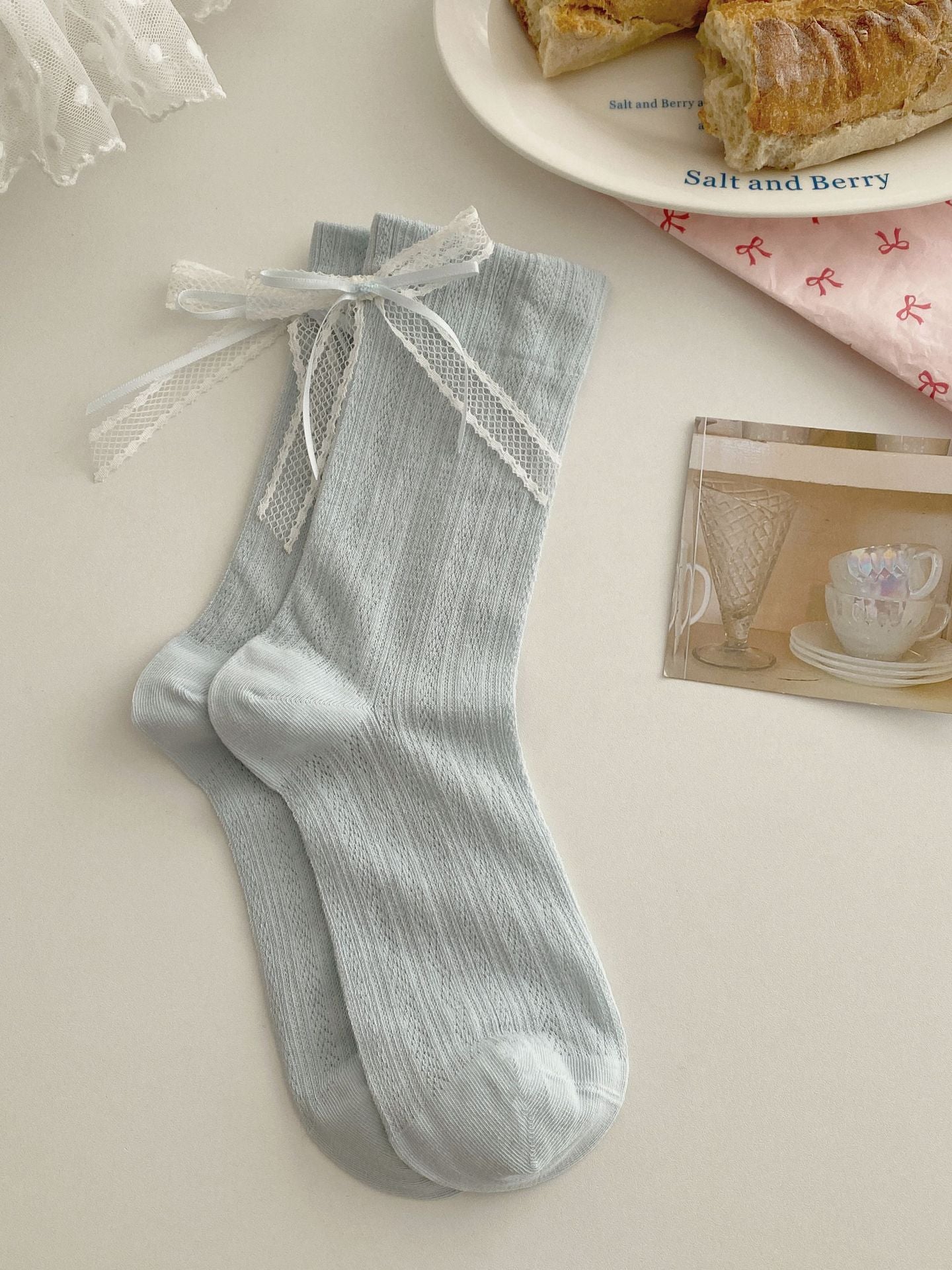 Summer Thin Boneless Ballet Style Ins Japanese Girl Lace Bow Ribbon Socks Women's Mid Tube Stockings