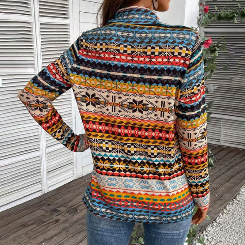 Women's High Neck Geometric Print Long Sleeve Top With Tie Detail - Stylish Casual Blouse For Spring&Fall