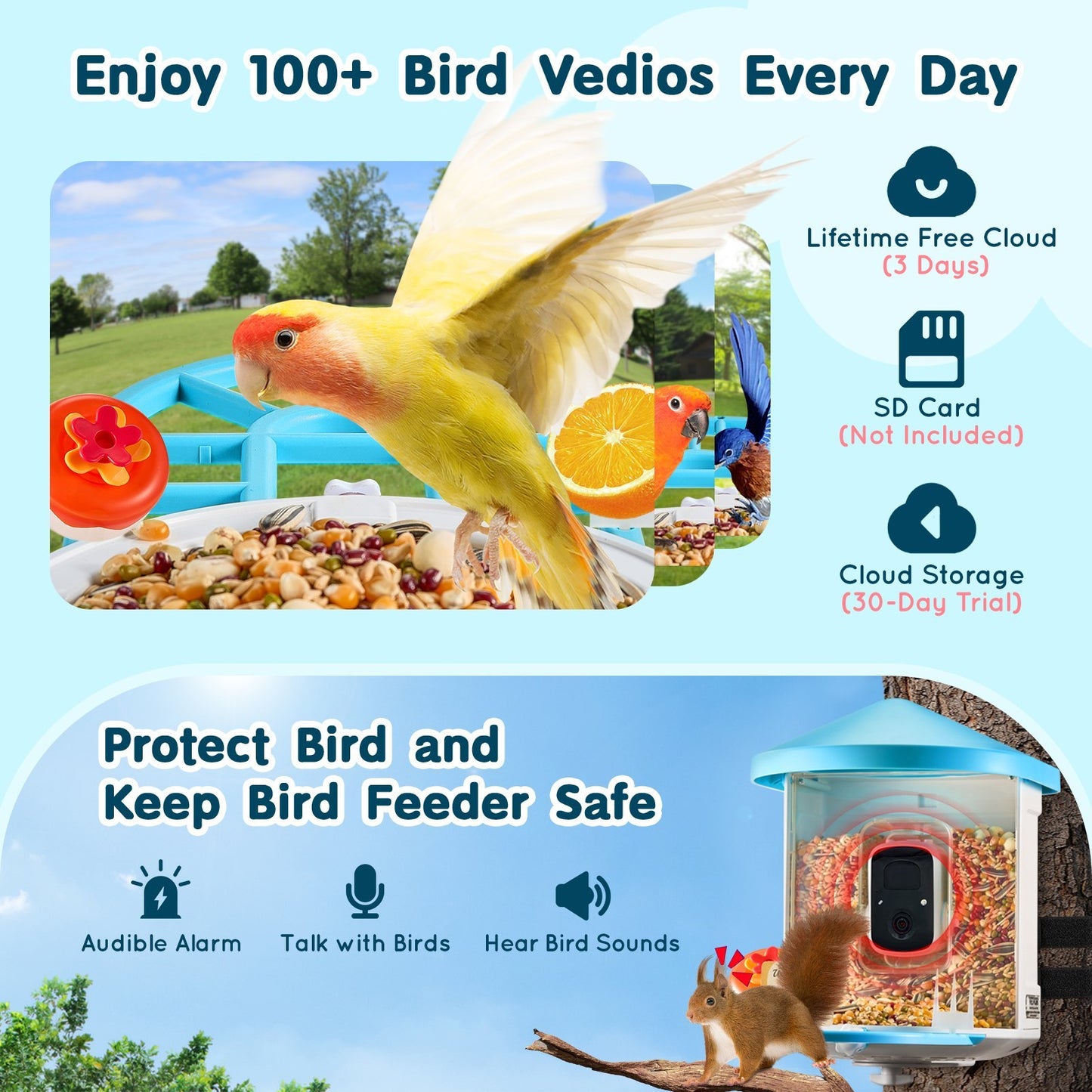 VEVOR Smart Bird Feeder With Camera 2K HD AI Identify Bird Species Auto Capture