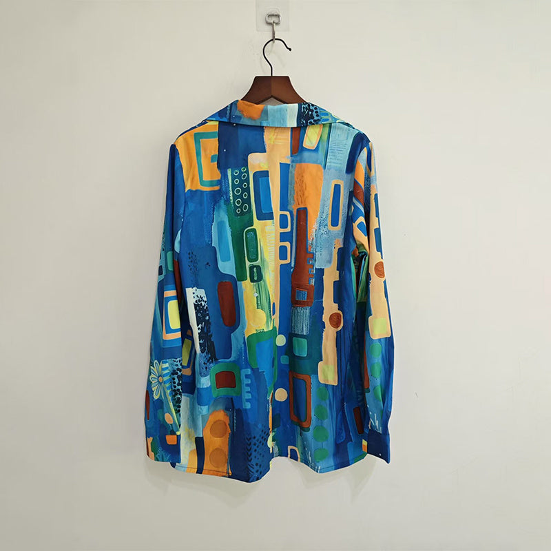 Women's Lapel Collar Printed Long Sleeve Shirt - Vibrant Colorful Pattern Button-Up Blouse Stylish Spring&Summer Vacation Top