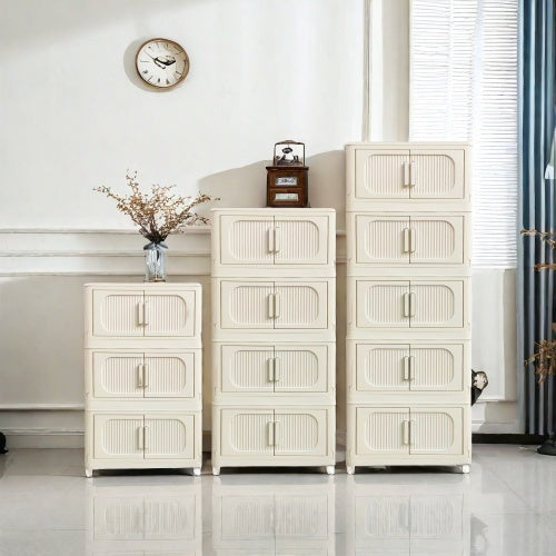 Cream White,19.69 Side Wide Folding Storage Cabinet ,4 Tiers,19.69x11.81x40.55,Collapsible Storage Bins With Magnetic Door, Plastic Storage Cabinet With Wheels