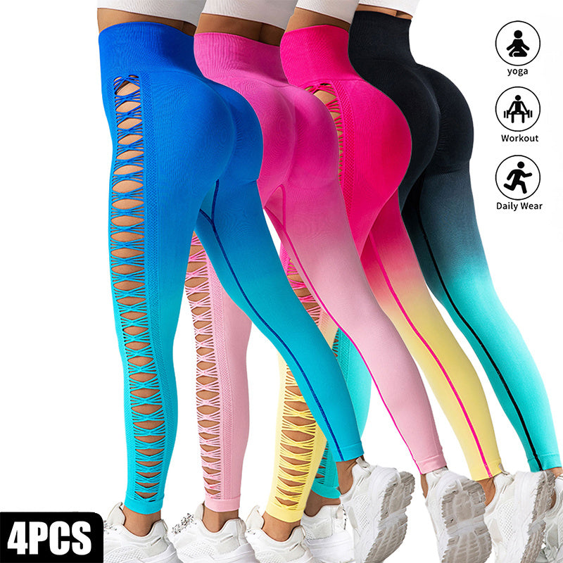 4 Pack Cut Out Ombre Gradient Color Hollow High-waist Butt-lifting Fitness Women's Yoga Pants, Women's High Waist Yoga Pants Cutout Ripped Super Soft And Comfortable Skinny Leggings