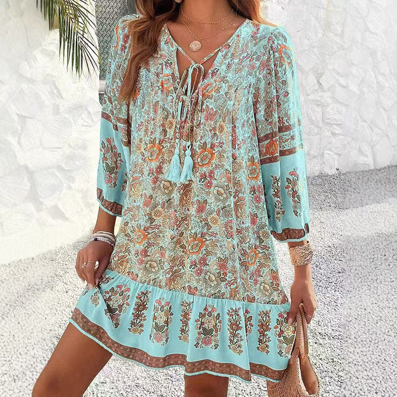 Women's Elegant V-Neck Fringe Bow Floral Print Dress Long Sleeve Comfortable Spring&Summer Dress