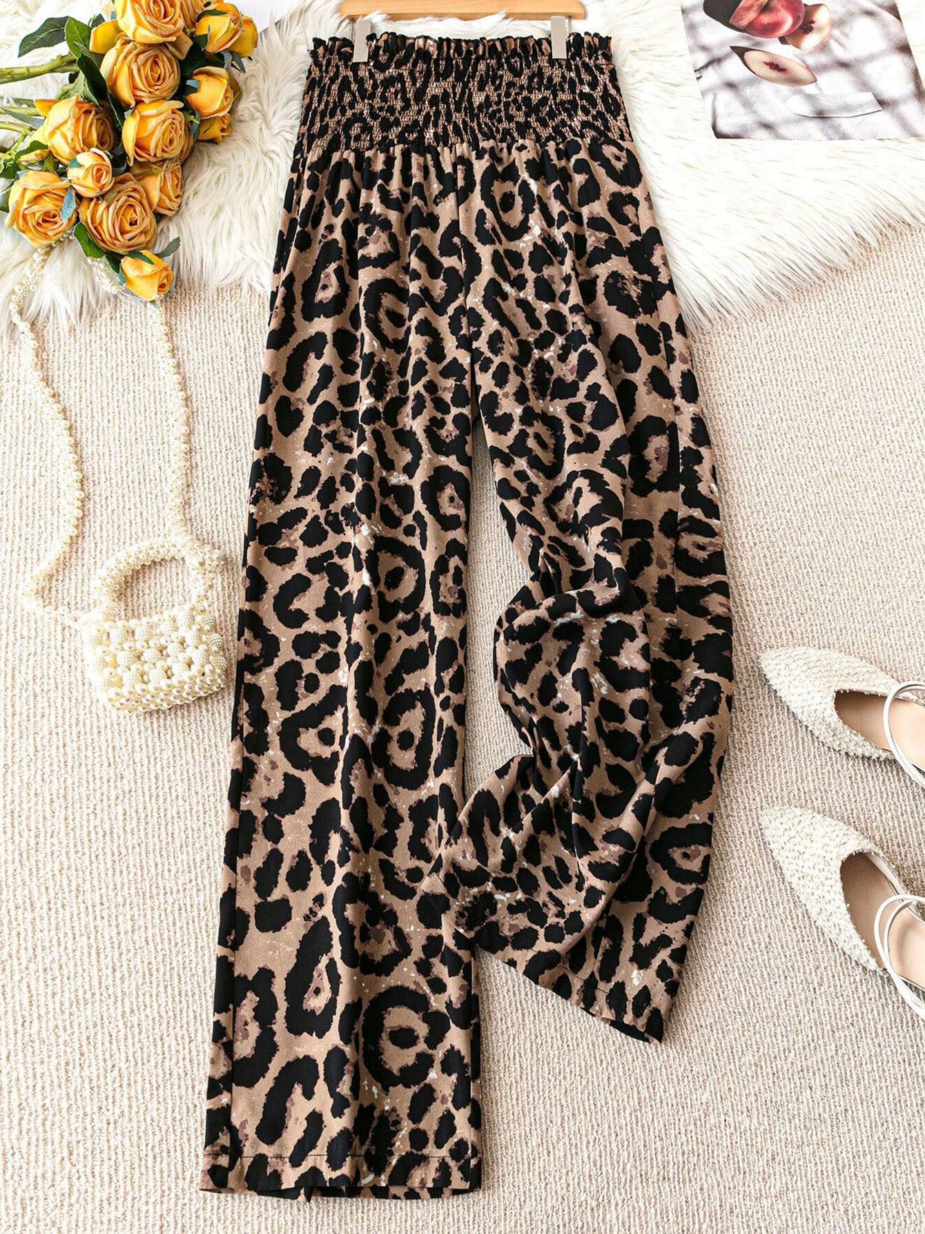 Women's Plus Size Leopard Print Wide-Leg Pants - Summer Casual Elastic Waist Long Trousers For Daily Wear