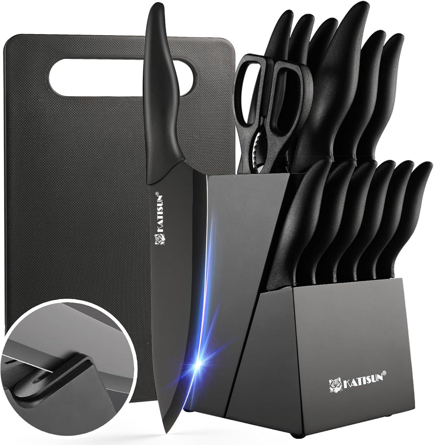 German High Quality Stainless Steel 16 Piece Kitchen Knife Set With Cutting Board Built-in Knife Sharpener Dishwasher Safe 6 Steak Knives Non-slip Handles