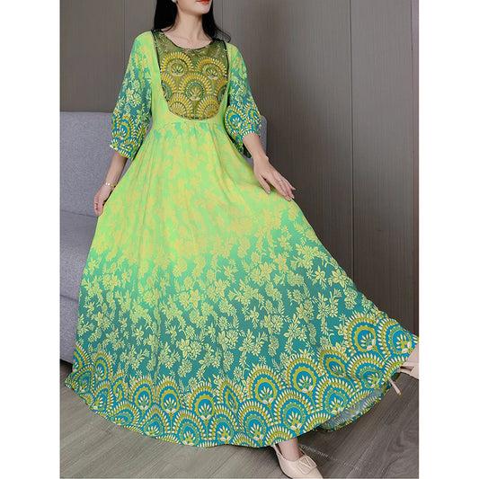 Women's Vibrant Bohemian Embroidered Maxi Dress Retro Ethnic A-Line Swing Dress With Belt