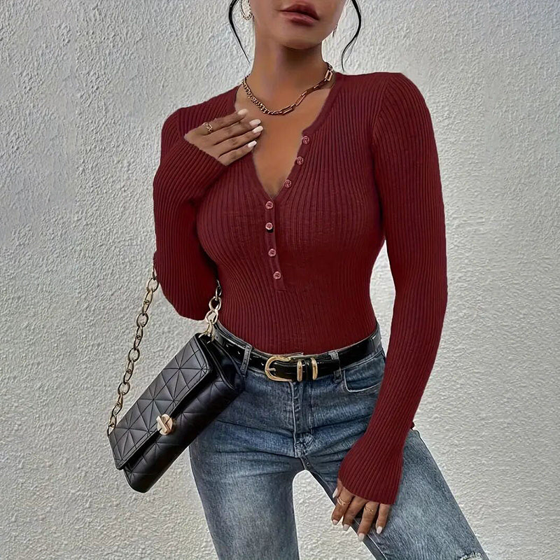 Women's Elegant V-Neck Button Detail Knit Sweater - Long Sleeve Solid Color Casual Pullover For Fall&SpringTop