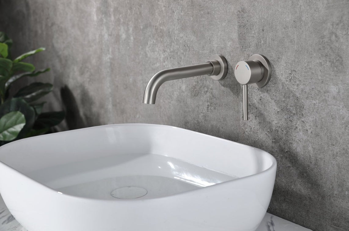 Wall Mount Faucet For Bathroom Sink Or Bathtub, Single Handle 2 Holes Brass Rough-in Valve Included, Brushed Nickel