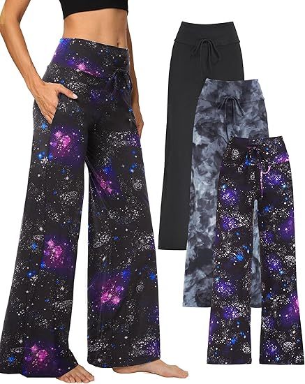 Wide-leg Pants - Cropped Pockets, 3 Black, Black Tie-dye, Blue Purple Starry Sky