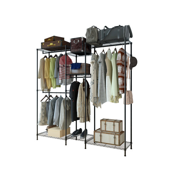 4 Rows Of Clothes Bars Plus 7 Layers Of Shelves With One Row Of 4 Hooks Clothes Hooks Variant Open Wardrobe 180x35x195cm Black