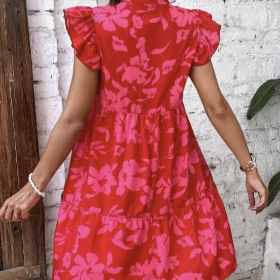 Ladies' Elegant Large Hem A-line Floral Print Small Fly Sleeves Pleated Vacation Style Dress