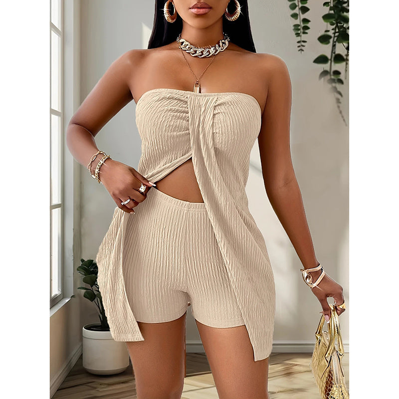 Women's 2 Piece Outfits Elegant Textured Strapless Ruched High Slit Tube Top And High Waist Skinny Shorts Shorts Set
