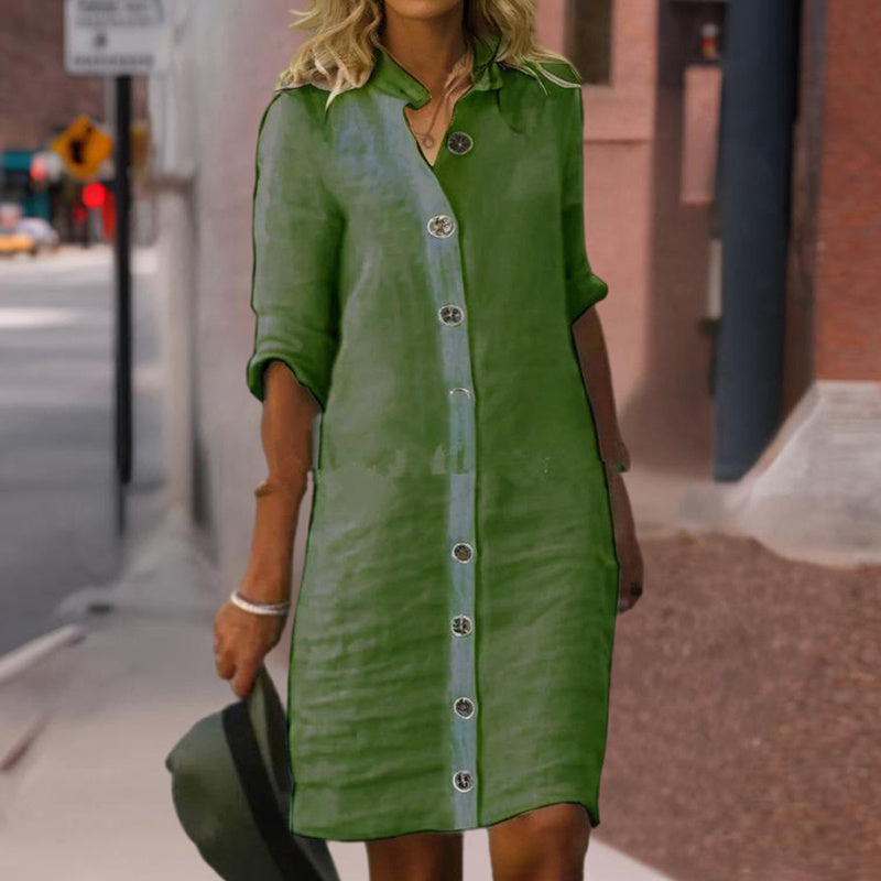 Women's Solid Color Shirt Collar Mid-Sleeve Dress With Oversized Buttons - Simple & Elegant Spring&Summer Dress