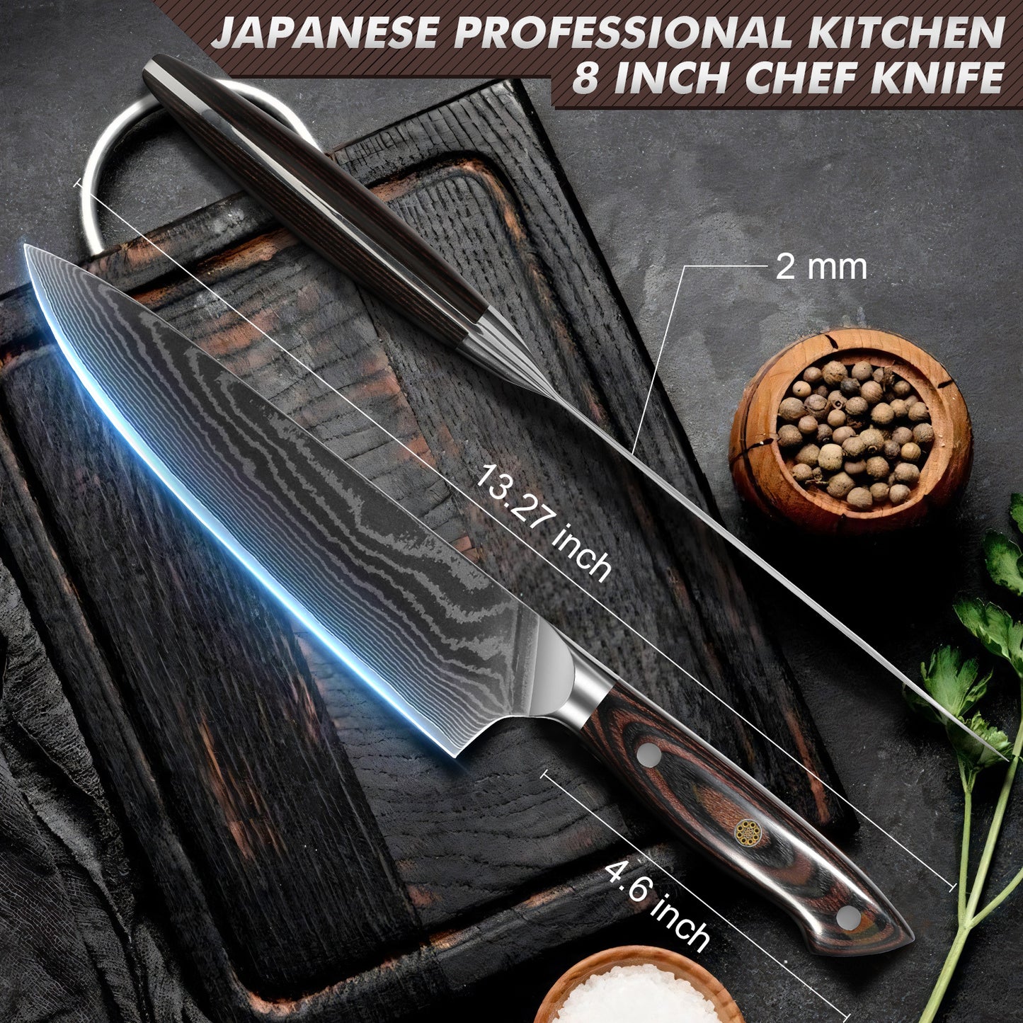 8 Inch Japanese Chef Knife, 10CR15MOV Damascus Rose Pattern Blade With Sheath, Ultra Sharp Professional Kitchen Slicing Knife, Colorful Pakkawood Handle