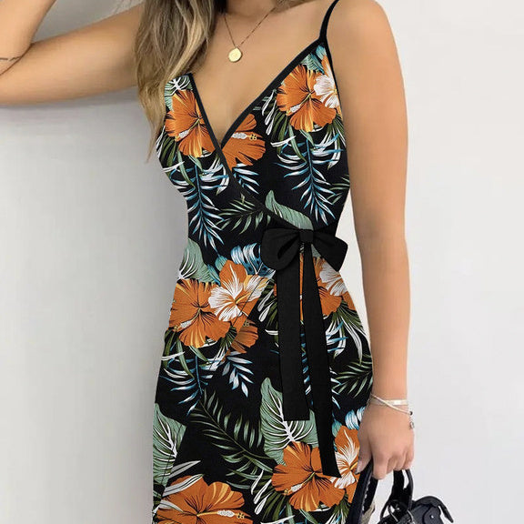 Women's V-neck Lace Up Plant Print Off Shoulder Versatile Dress
