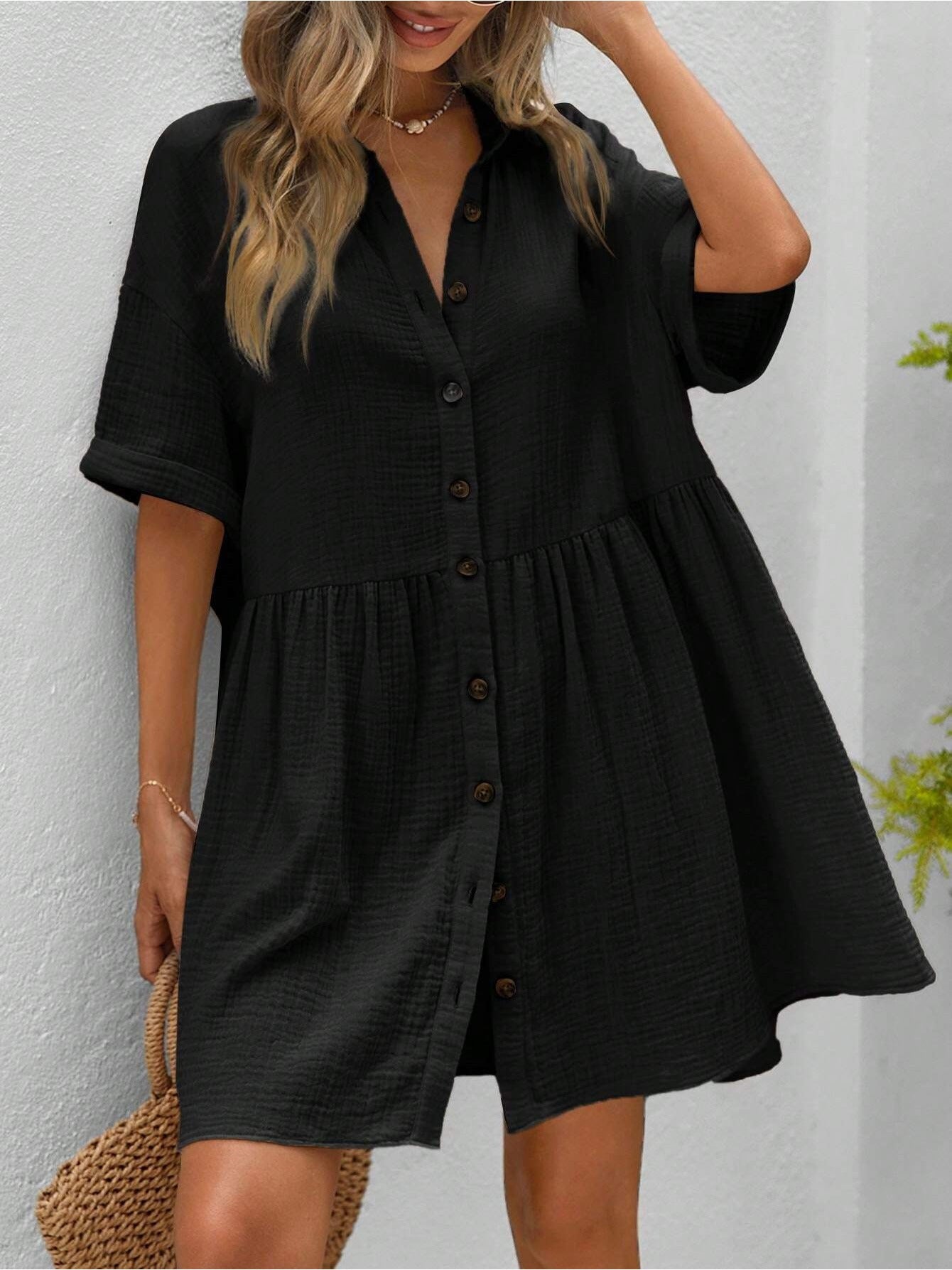 Women's Holiday Loose Solid Color Casual Summer Shirt Dress With Ruffles
