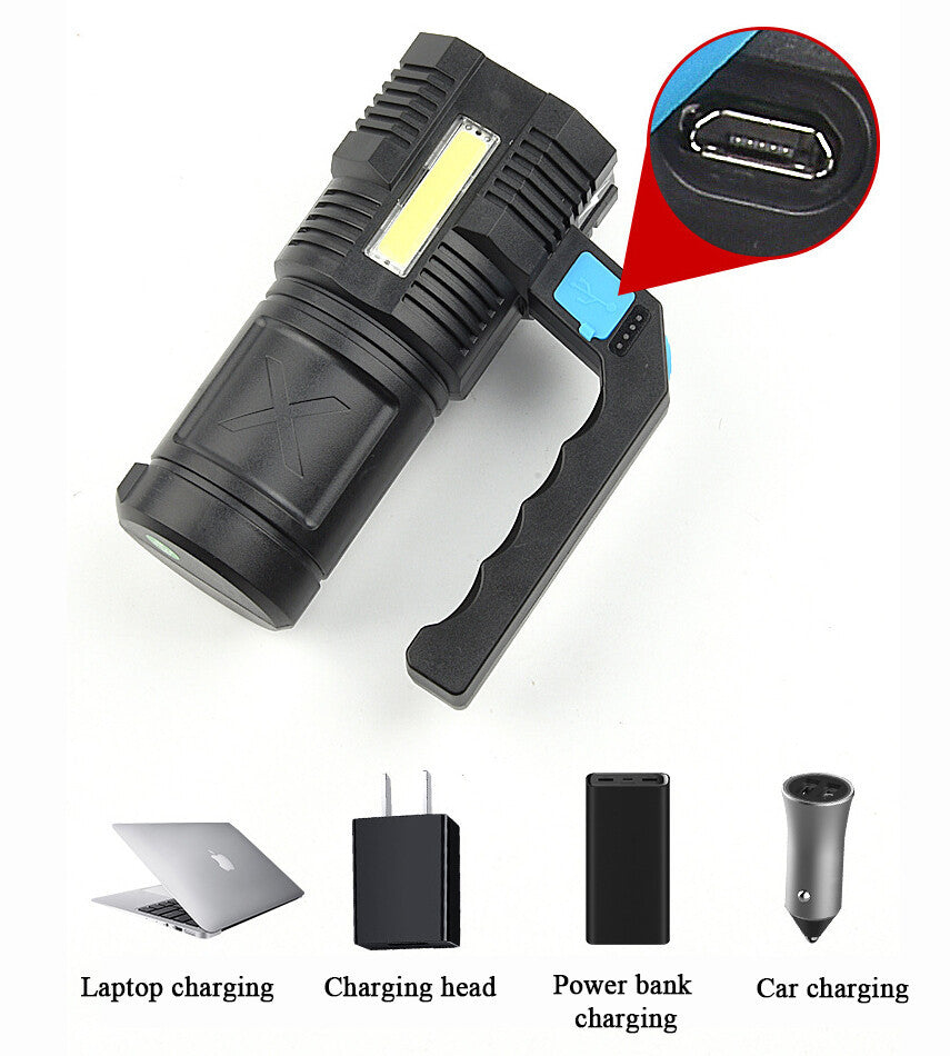 LED Flashlight USB Rechargeable Torch COB Spotlight Camping Light High Lumens Emergency Lamp 4 Modes Waterproof Work Light