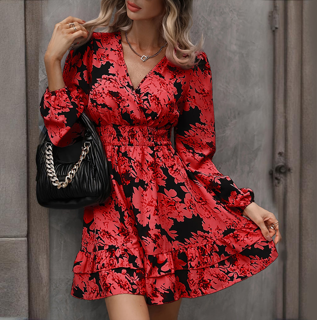 Women's Elegant Printed Lantern Sleeve A-Line Dress V-Neck, Ruffled Gathered Waist Detail, Flowy Midi Dress For Casual & Formal Occasions