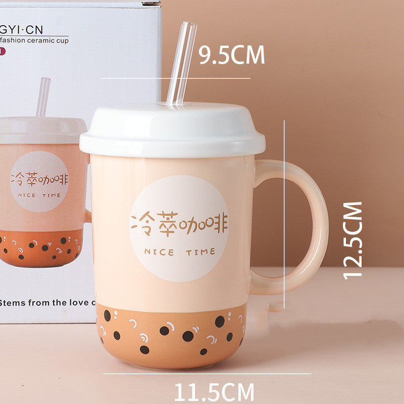 Fashion Personality Ceramic Mug With Lid And Straw Spoon