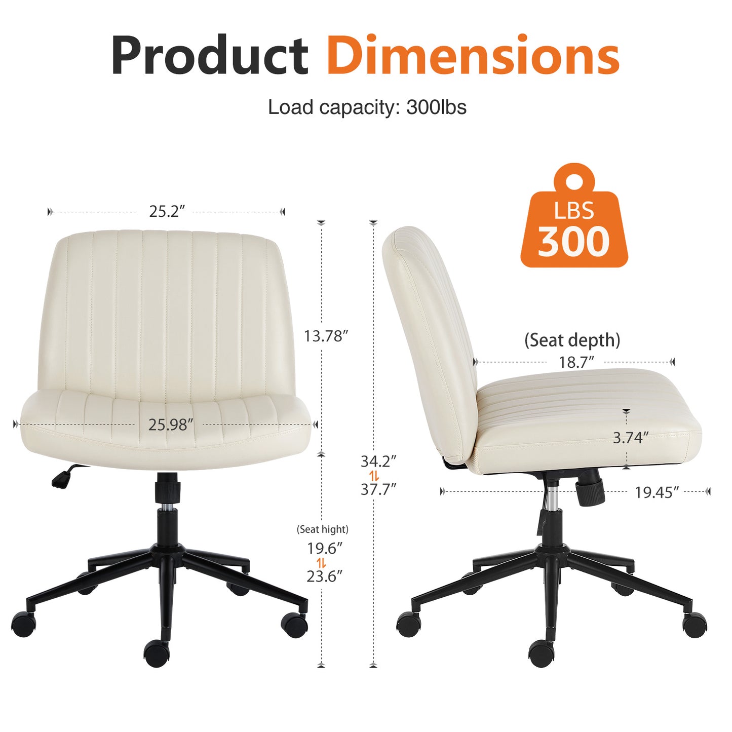 Office Desk Vanity Chair Cross Legged Armless Swivel Fabric Height Adjustable Wide Seat With Replaceable Wheels-Fixed Base, Comfy Task Chair Padded