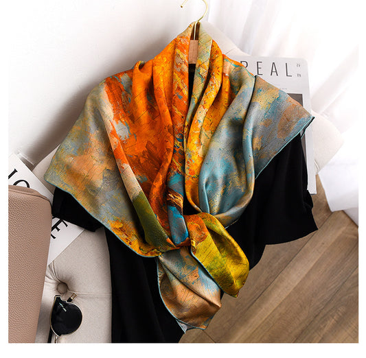 Oil Painting Autumn Thick Silk Big Square Scarf