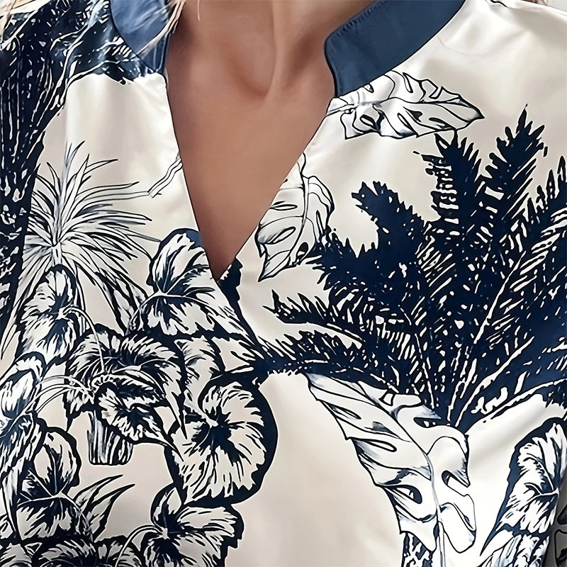 Women's Plus Size Elegant Floral Ink Painting Casual Tunic Dress Notched V Neck Long Sleeve Maxi Dress