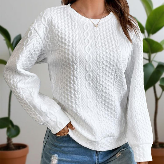 Women's Solid Color Textured Round Neck Drop Shoulder Long Sleeve Sweatshirt - Casual Loose Fit Pullover