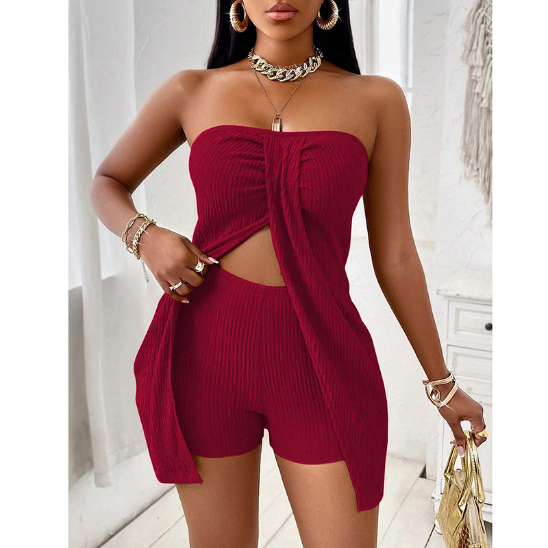 Women's 2 Piece Outfits Elegant Textured Strapless Ruched High Slit Tube Top And High Waist Skinny Shorts Shorts Set